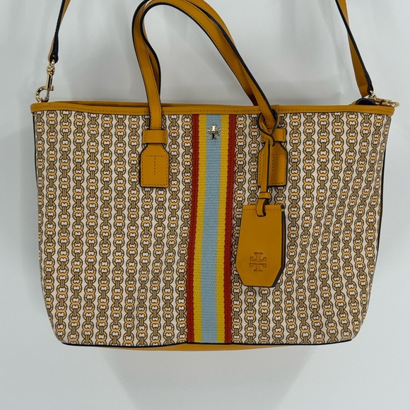 Tory Burch Gemini Link Canvas Tote Purse Bag, Daylily Mustard Yellow - Picture 7 of 11